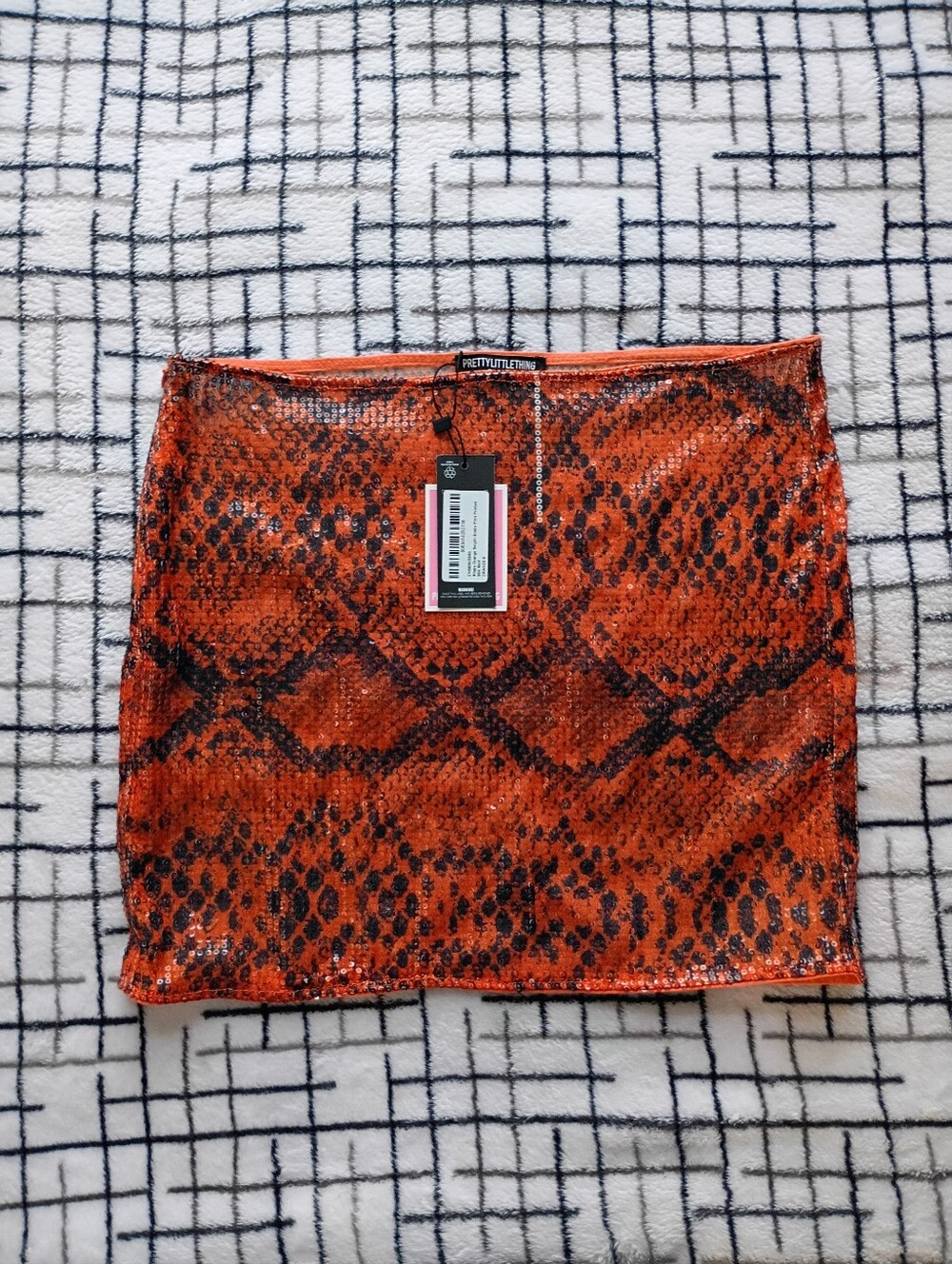 US Size 2 PrettyLittleThing Orange Snake Print Sequin Mini Skirt NEW WITH TAGS